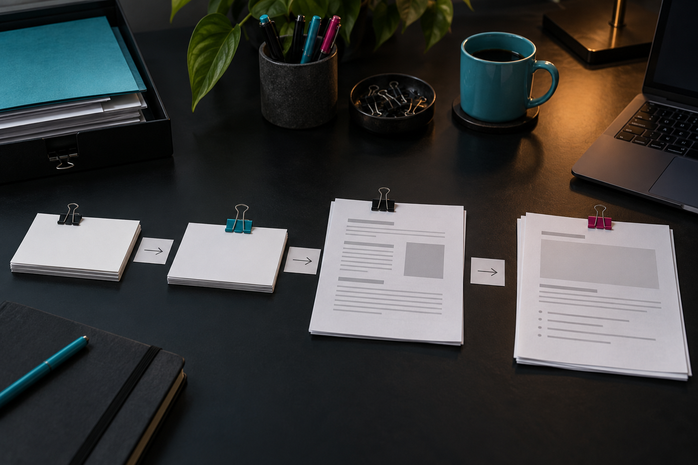 Documents arranged through input, review and output stages