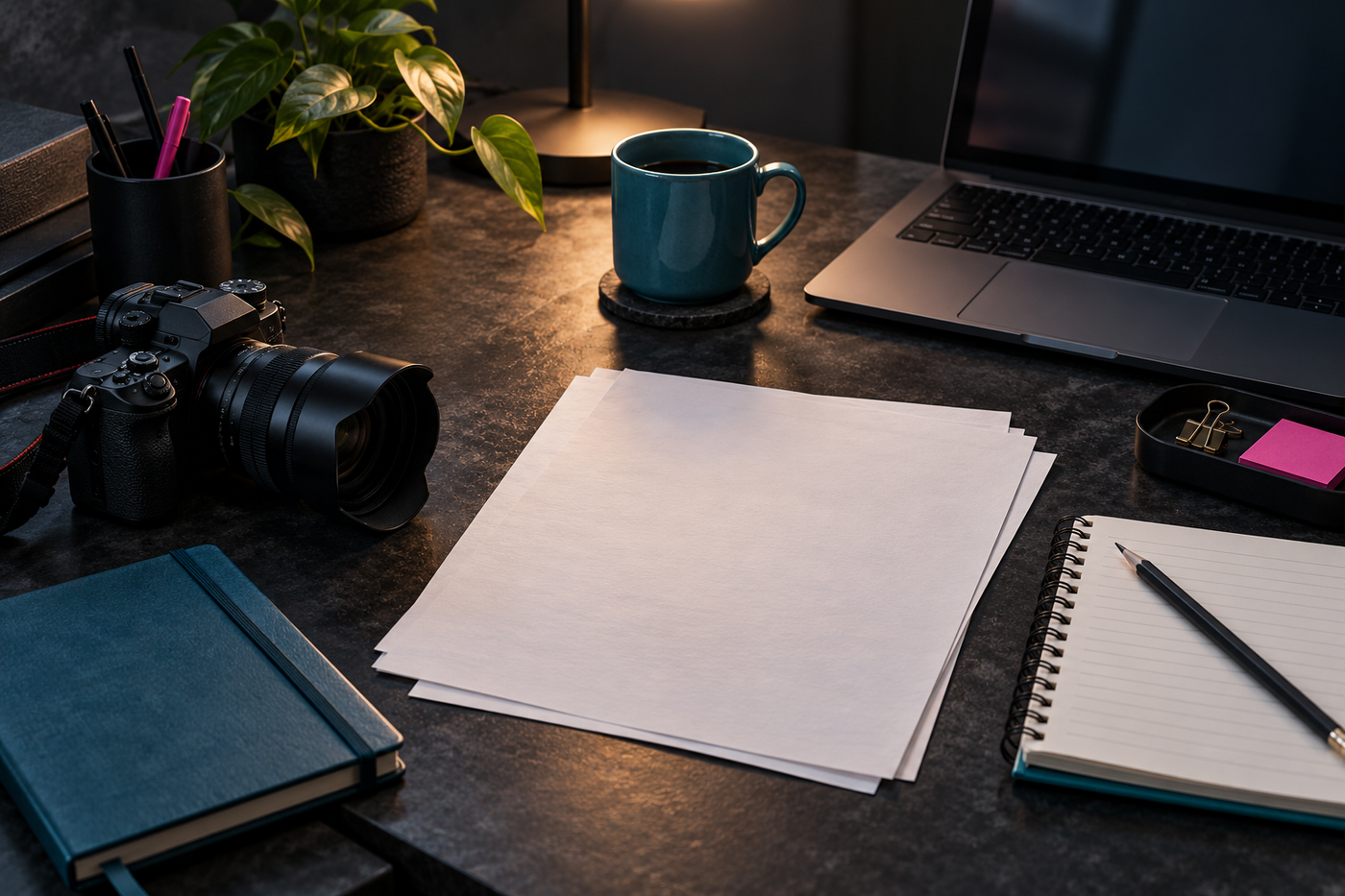 Camera, draft paper and notebook on a content planning desk