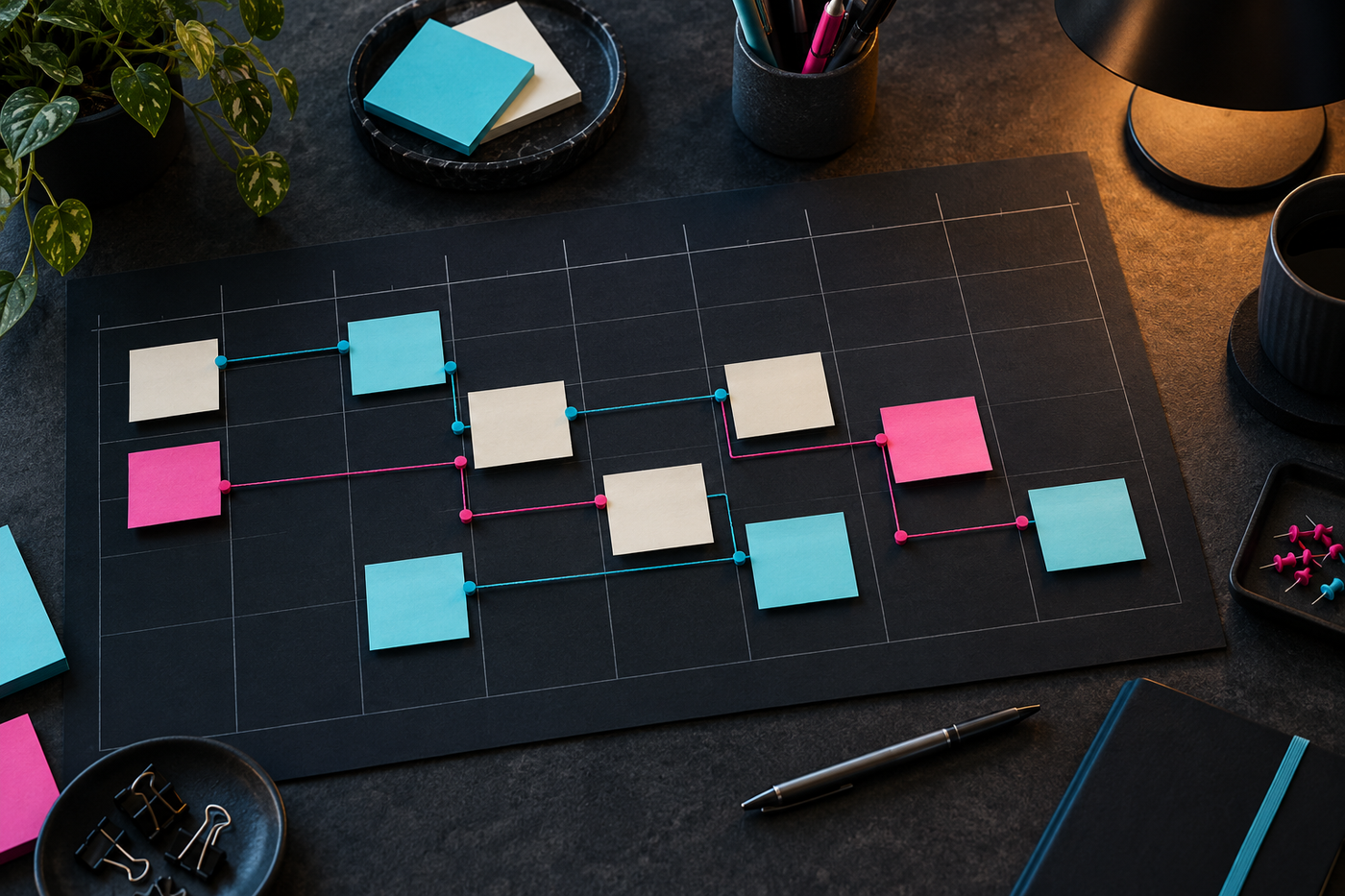 Physical project cards and dependency threads on a planning board