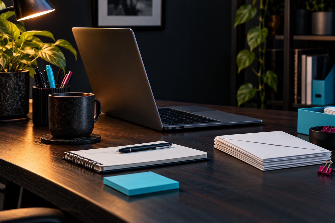 Laptop, envelopes and notebook arranged for email campaign planning
