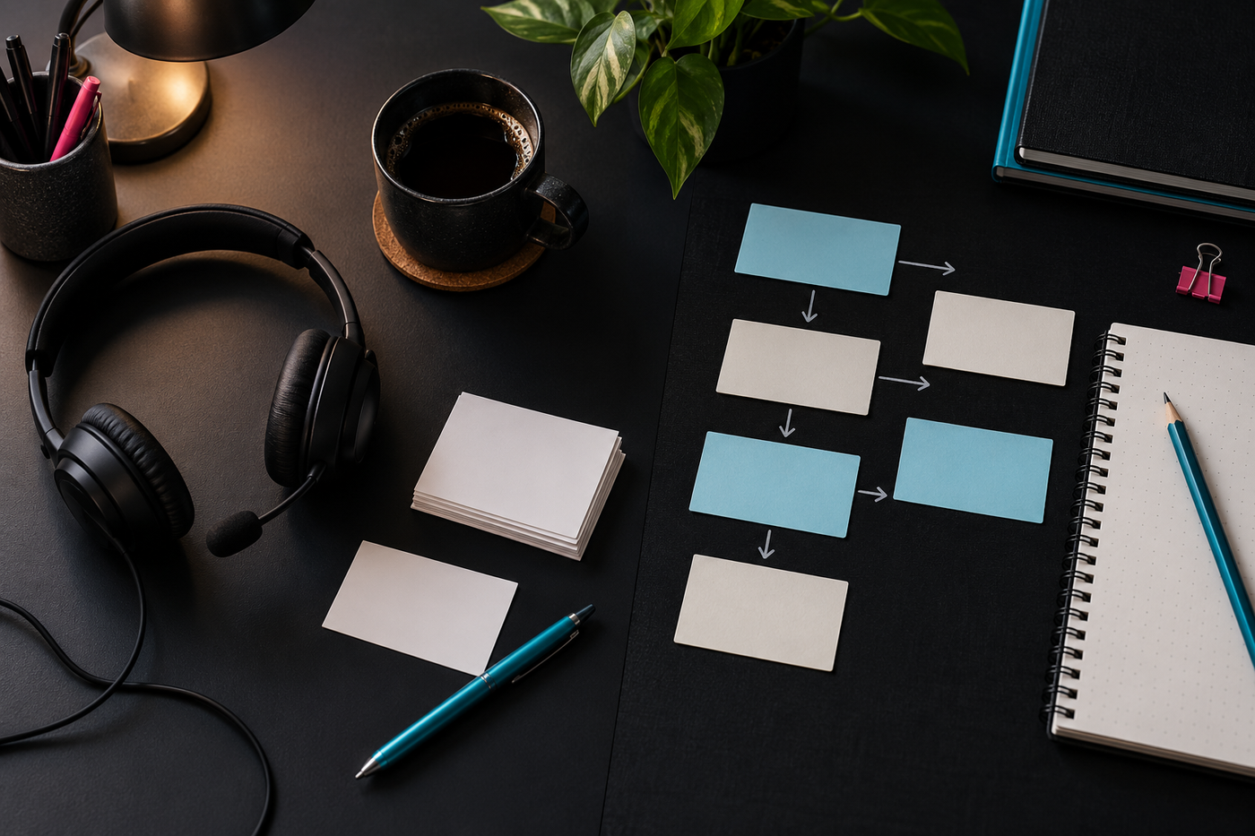 Headset and message cards beside connected physical task cards