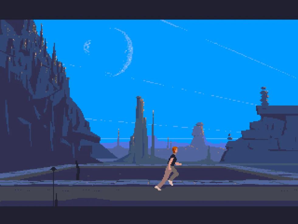 Schermata di Another World per Amiga con il protagonista in un paesaggio alieno dominato da tonalità blu.
