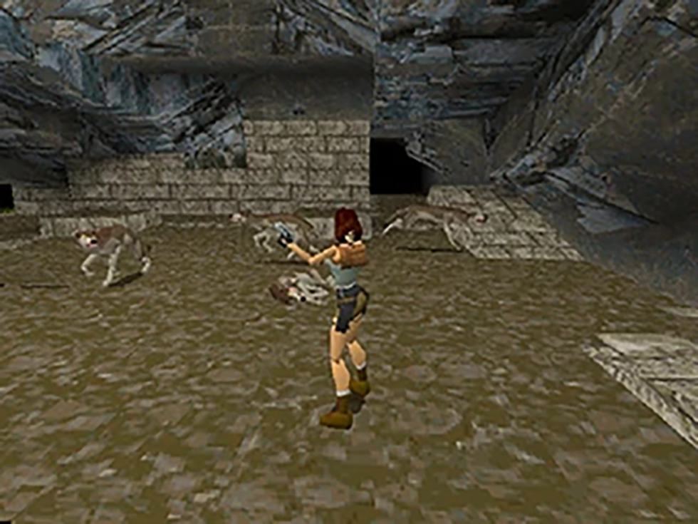 Lara Croft fighting an enemy in Tomb Raider for PlayStation.