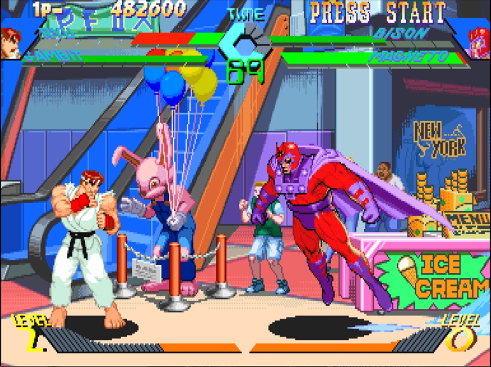 Ryu fighting Magneto in X-Men vs. Street Fighter