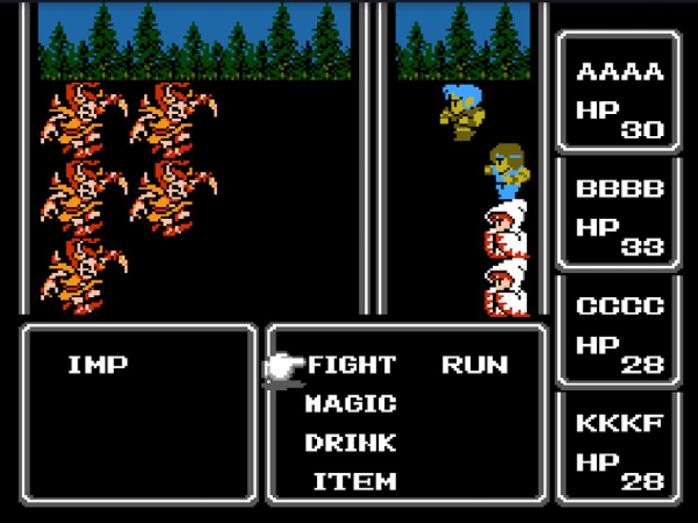 Combattimento contro un gruppo di Imp nel primo Final Fantasy per Famicom
