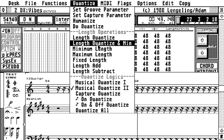 Notator su Atari ST, con interfaccia monocromatica, menu Quantize aperto e spartito musicale sullo schermo.