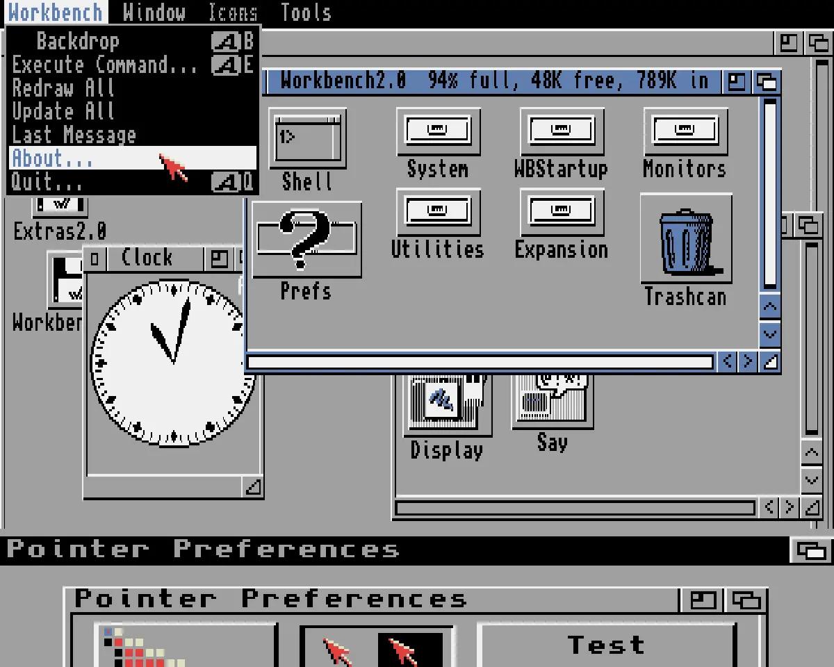 Workbench 2.0 on Amiga, with windows, icons and pointer preferences open on screen.