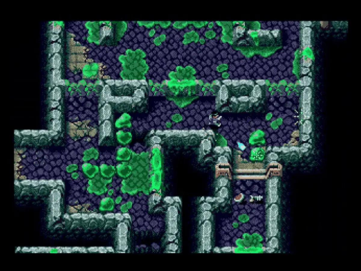 UrbX Warriors gameplay in a ruined area filled with green toxic material and explorable passages.