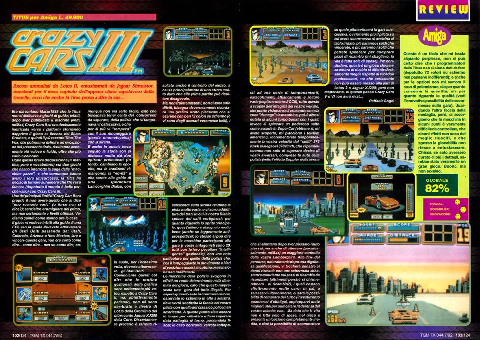Doppia pagina di The Games Machine numero 44 con la recensione di Crazy Cars III per Amiga firmata da Raffaele Sogni.