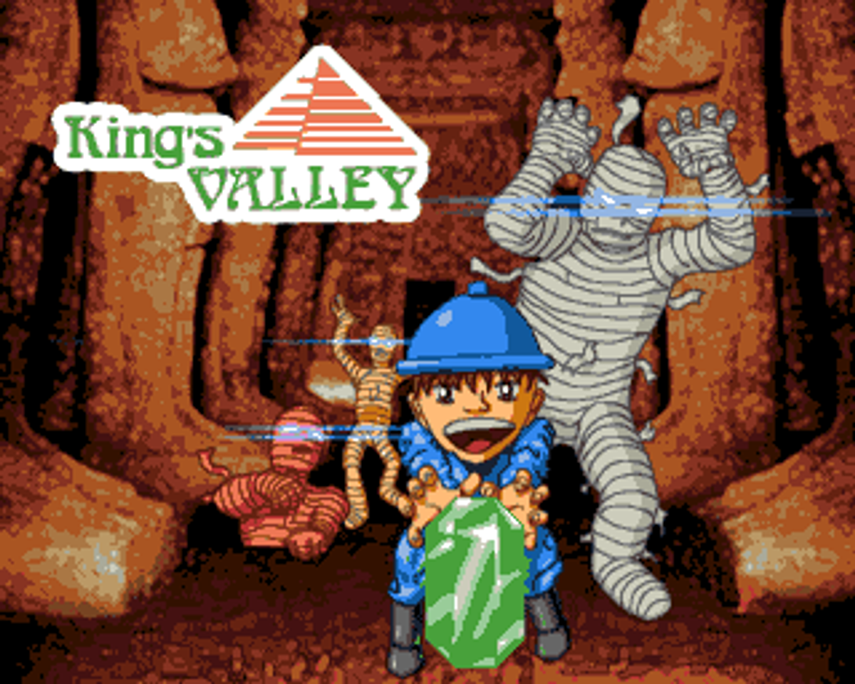 Schermata del titolo di King’s Valley con esploratore e mummie.