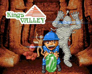 Schermata del titolo di King’s Valley con esploratore e mummie.