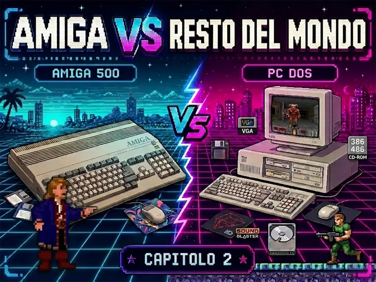 Cover pixel art con Amiga 500, PC DOS, Guybrush, Doom, VGA e Sound Blaster.
