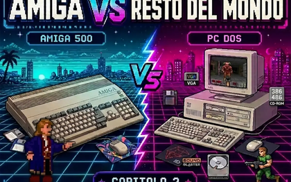 Cover pixel art con Amiga 500, PC DOS, Guybrush, Doom, VGA e Sound Blaster.