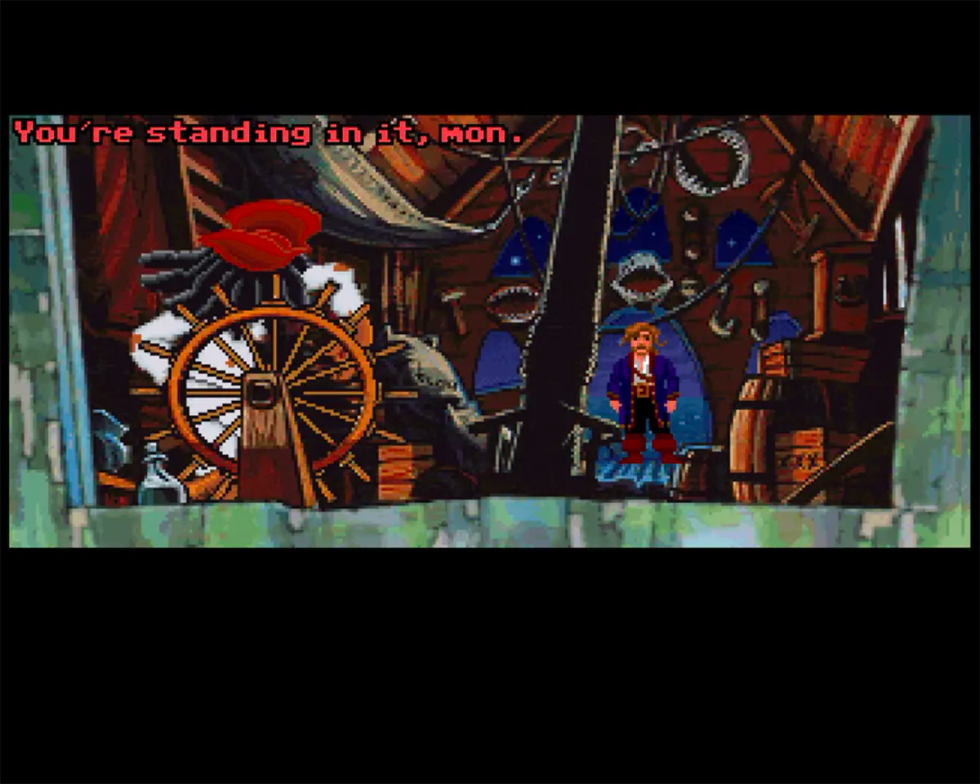 Guybrush Threepwood nella cabina di Captain Dread in Monkey Island 2, visualizzato attraverso SCUMM5-Amiga.