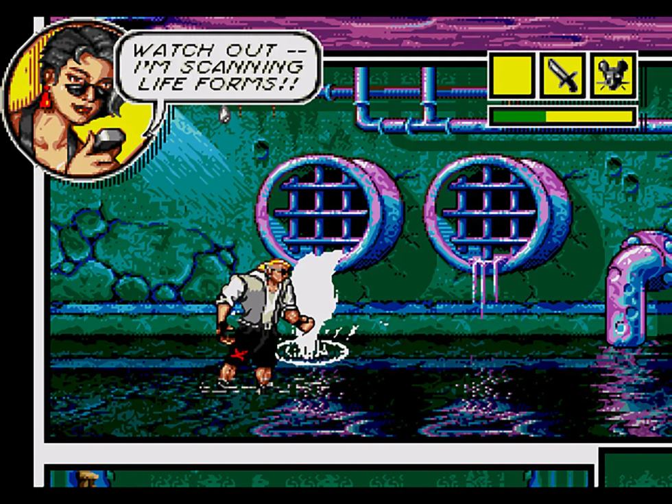 Sketch Turner crossing comic panels in Comix Zone