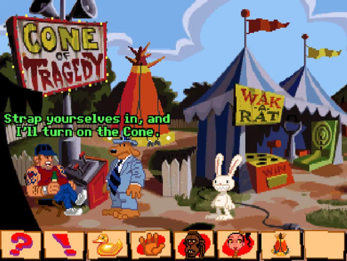 Sam and Max near the Cone of Tragedy and Wak-A-Rat attractions in Sam & Max Hit the Road