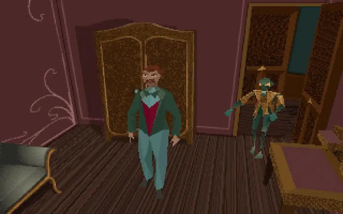 Screenshot di Alone in the Dark su MS-DOS con personaggi in ambiente 3D.