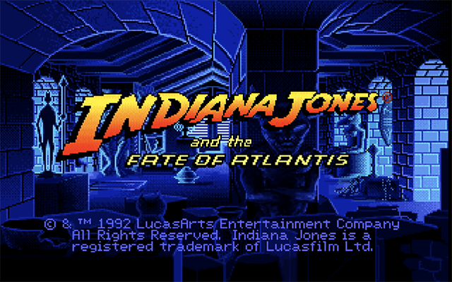 Schermata del titolo di Indiana Jones and the Fate of Atlantis in una sala blu.