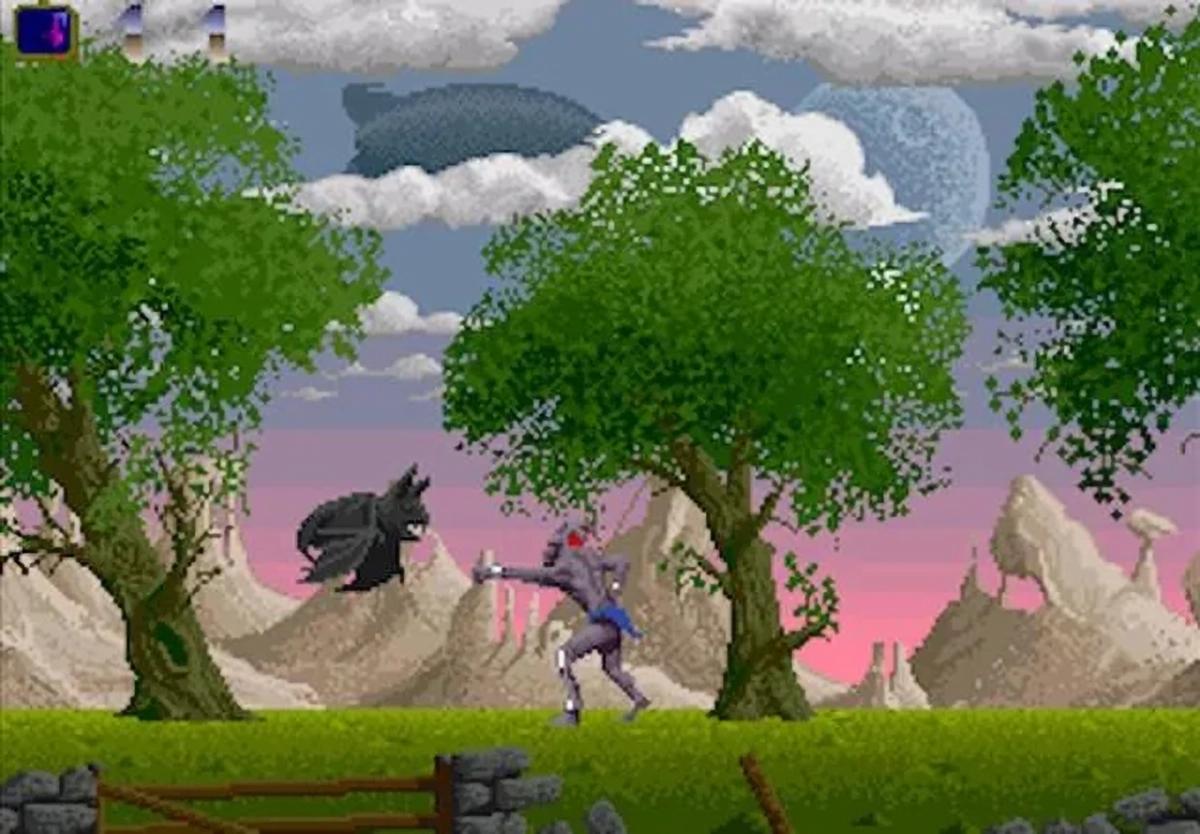 Screenshot di Shadow of the Beast per Amiga, con personaggio in un paesaggio fantasy ricco di parallasse e atmosfera.