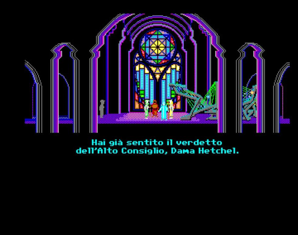 Loom Amiga con lettere accentate nella frase “Hai già sentito il verdetto dell’Alto Consiglio, Dama Hetchel.”