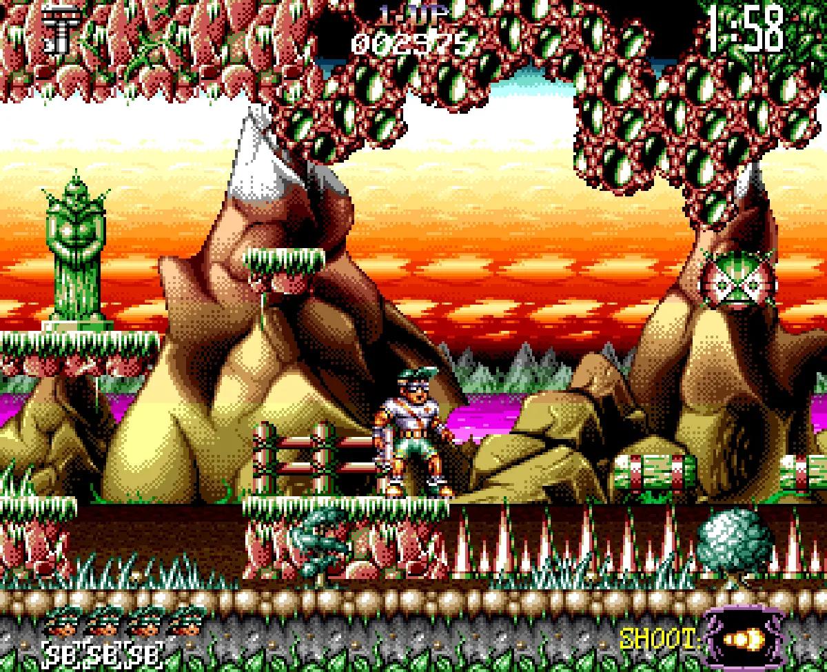 Jim Power su Amiga, con il protagonista in uno scenario ricco di colori, montagne e fondali stratificati.