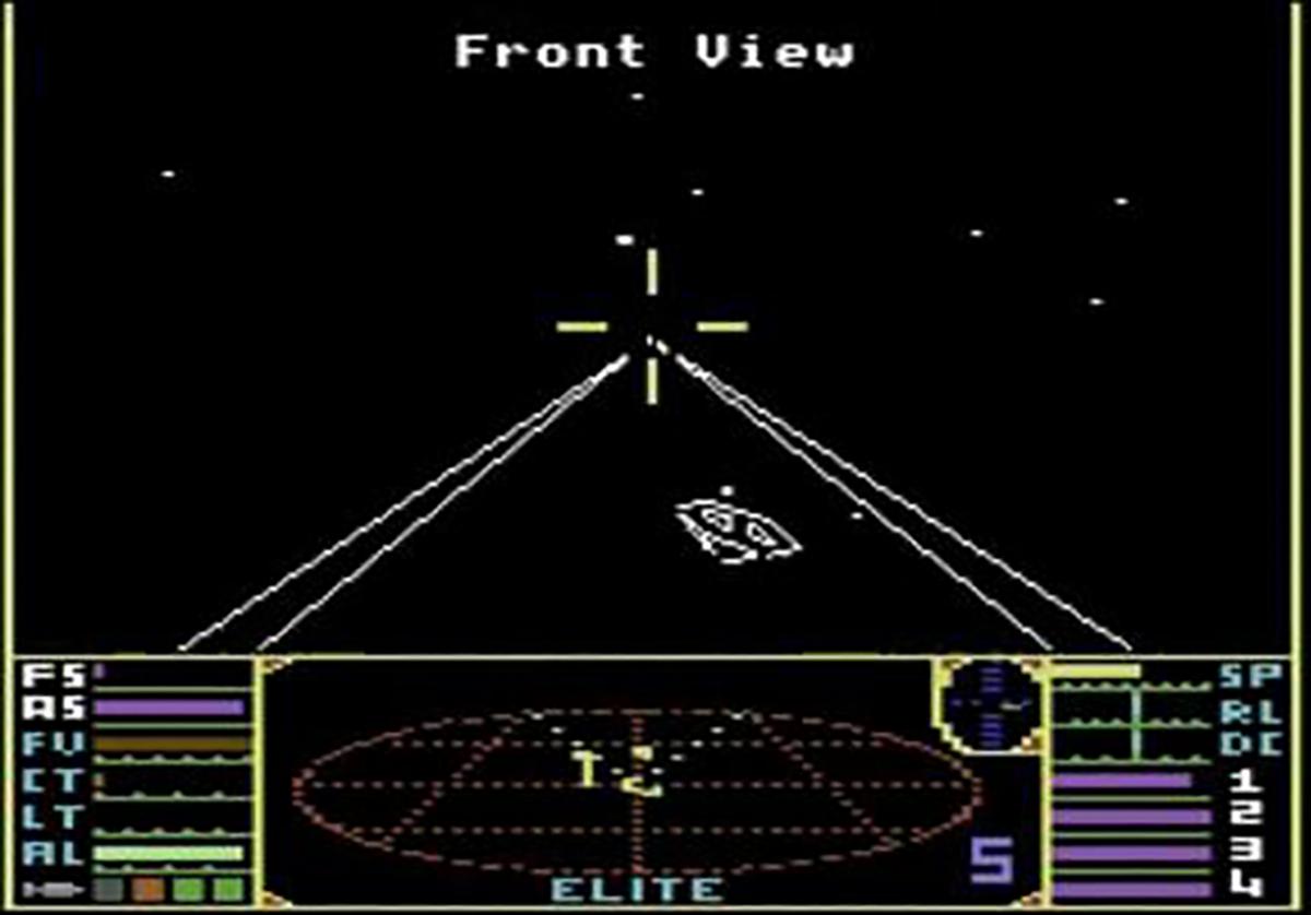 Schermata di Elite su Commodore 64 con la visuale frontale della nave nello spazio