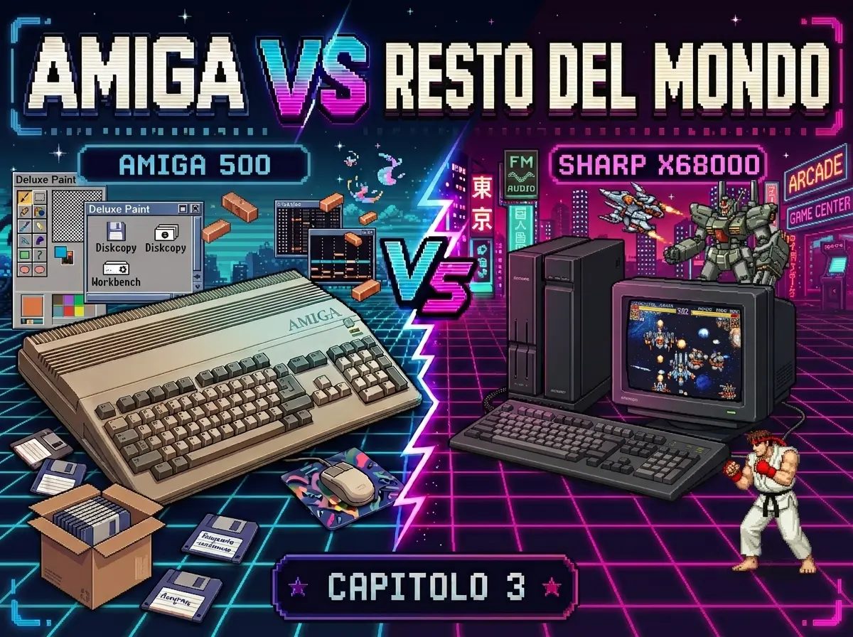 Cover pixel art con Amiga 500 e Sharp X68000 divisi da un fulmine neon, tra creatività Amiga e arcade giapponese.