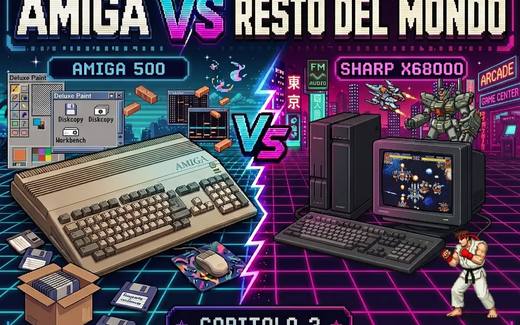 Cover pixel art con Amiga 500 e Sharp X68000 divisi da un fulmine neon, tra creatività Amiga e arcade giapponese.