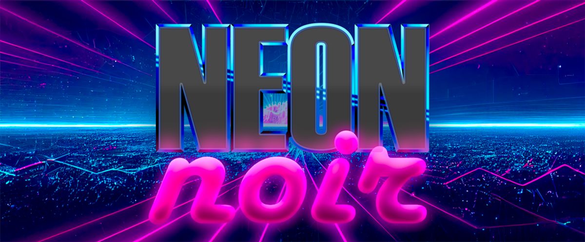 Logo Neon Noir su sfondo synthwave con luci rosa e blu.