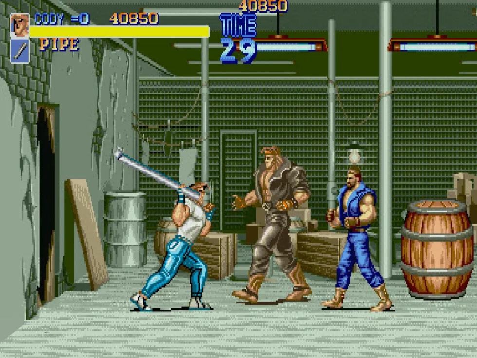 Cody fights with an iron pipe in Final Fight for Sharp X68000.