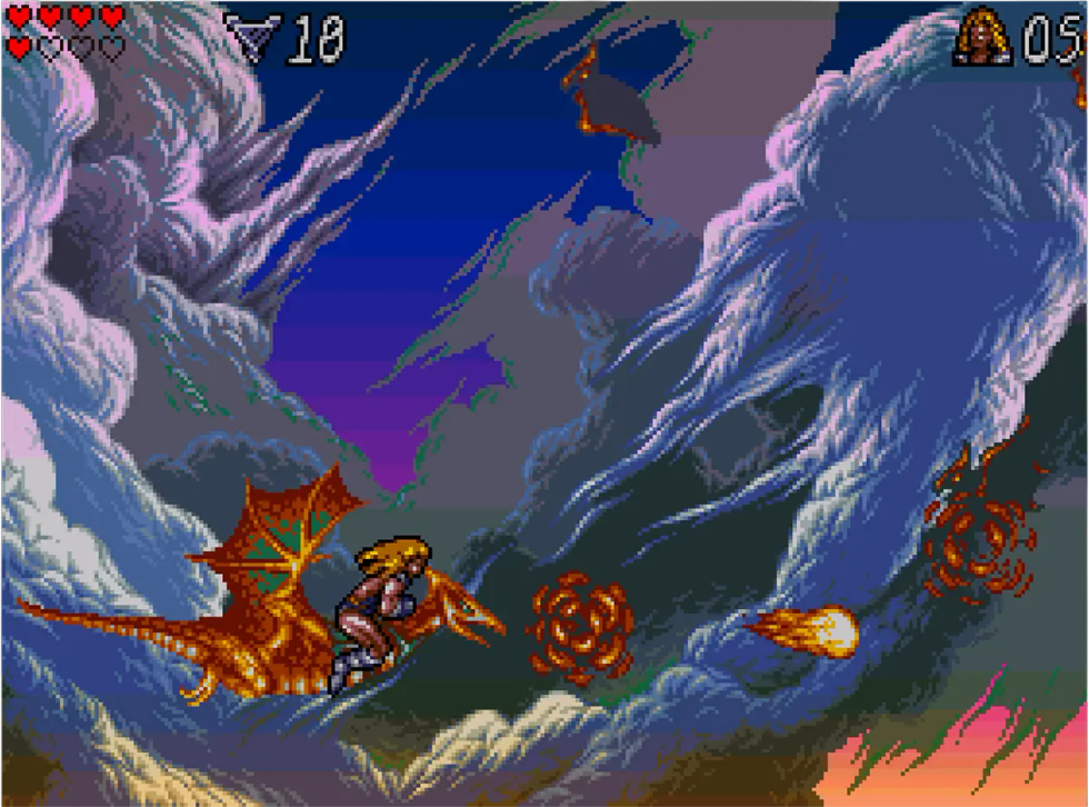 Valdyn cavalca un drago nella sezione shoot ’em up di Lionheart per Amiga.