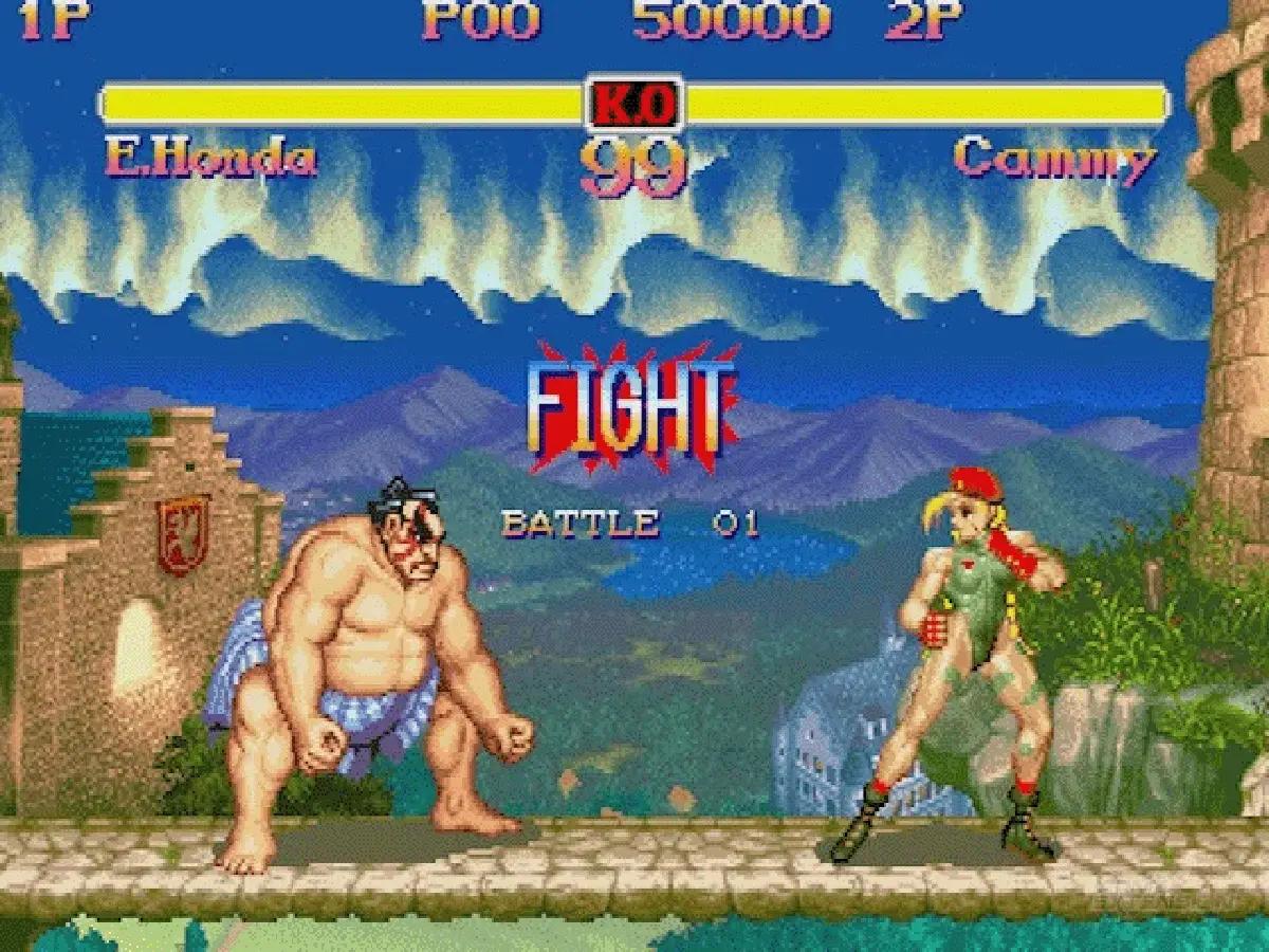 Super Street Fighter II on Sharp X68000, with E. Honda and Cammy ready to fight.