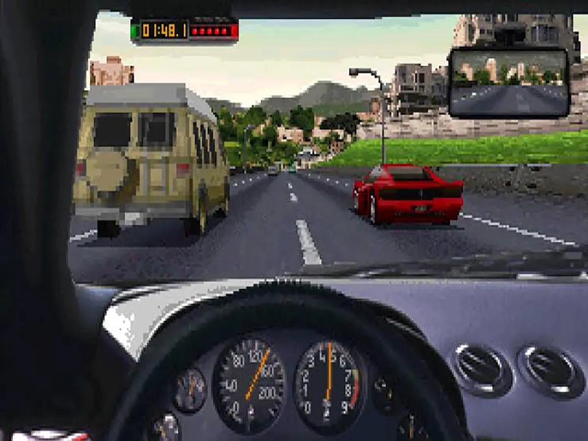 The Need for Speed su 3DO, con visuale dall’abitacolo durante una gara su una strada costiera.