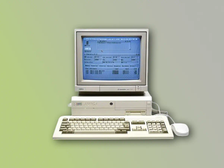 Amiga 4000 con monitor Commodore, tastiera e mouse, con Workbench visualizzato sullo schermo.