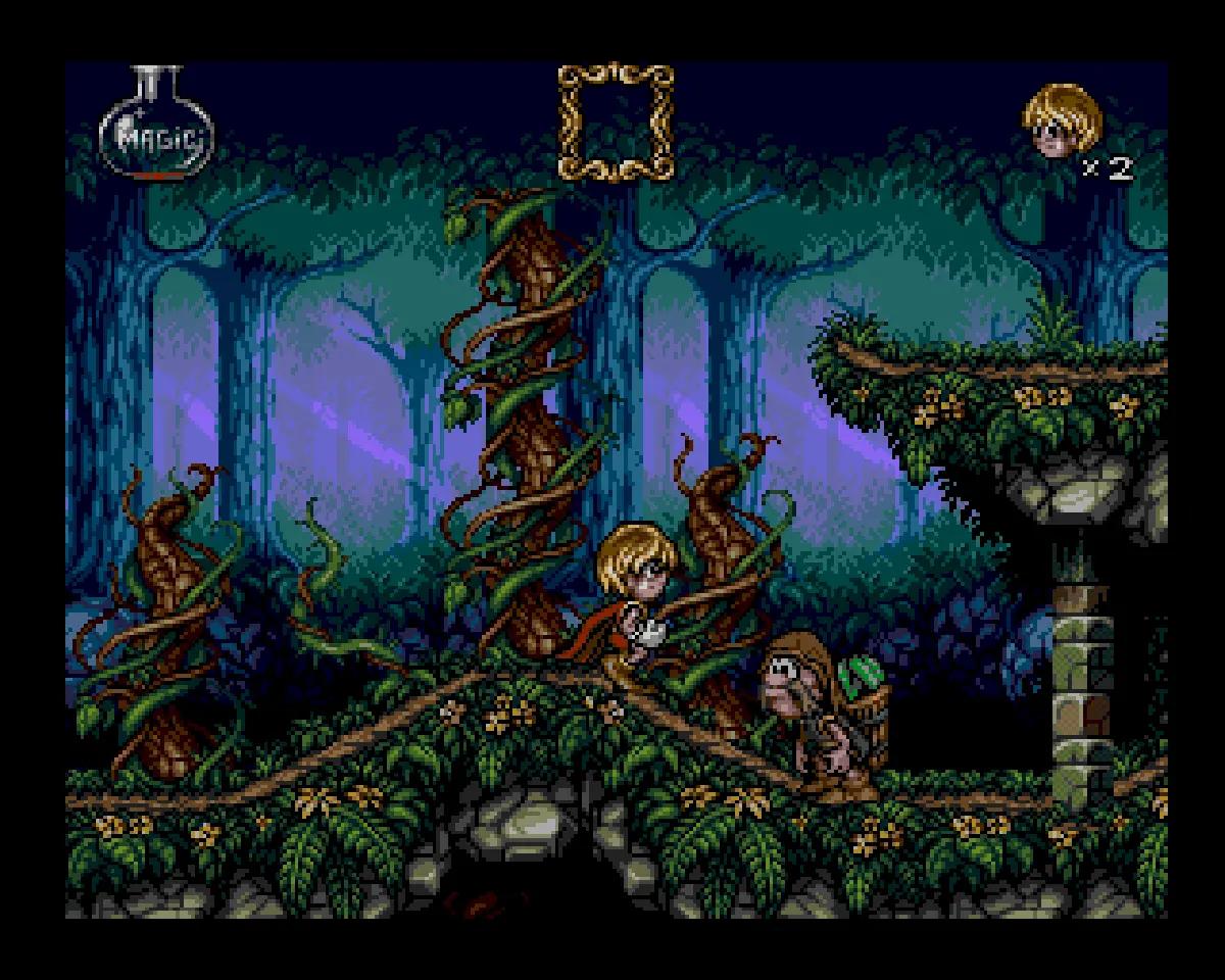 Flink su Amiga CD32, con il protagonista in un ambiente fantasy ricco di vegetazione e dettagli.