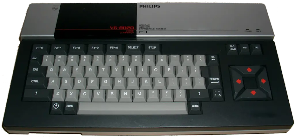 Computer MSX Philips VG-8020 con tastiera integrata e controlli direzionali laterali