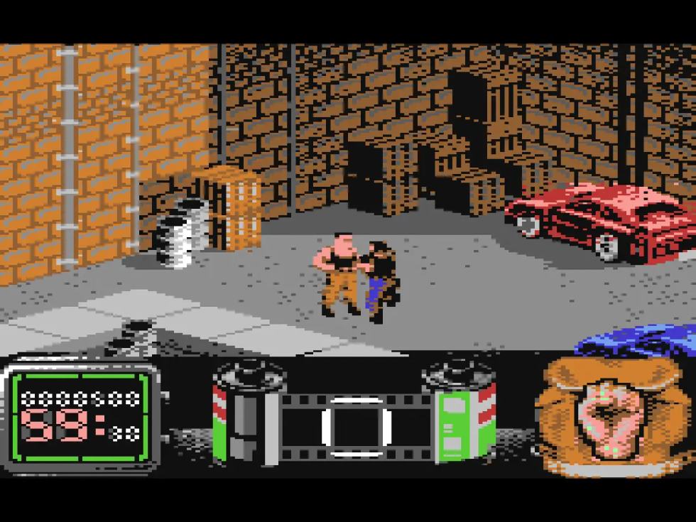 Schermata di Vendetta per Commodore 64 con un combattimento urbano e interfaccia di gioco nella parte inferiore.