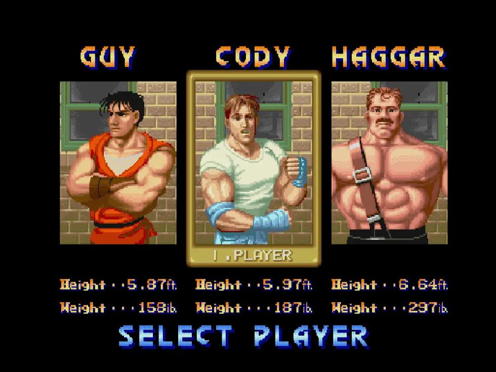 Character select screen in Final Fight for Sharp X68000 with Guy, Cody and Haggar.