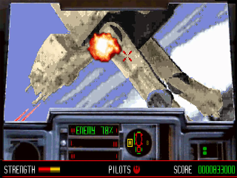 Cockpit view firing at an AT-AT walker on Hoth in Star Wars: Rebel Assault