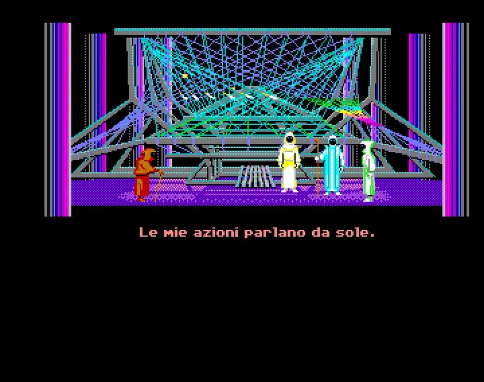 Scena di Loom per Amiga con dialogo italiano: “Le mie azioni parlano da sole.”