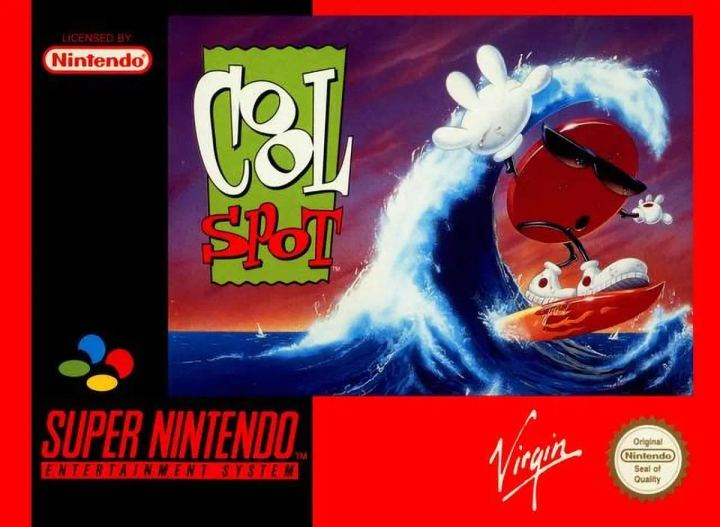 Cover Super Nintendo di Cool Spot, platform Virgin Games con la mascotte 7 Up.