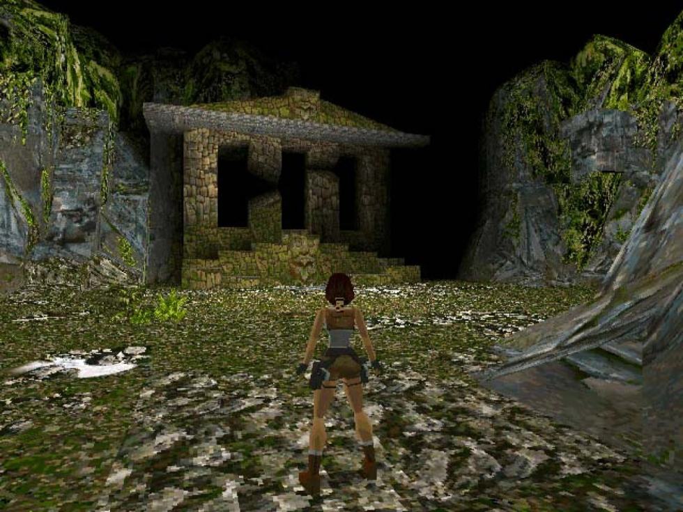 Lara Croft looking across a monumental environment in Tomb Raider for PlayStation.