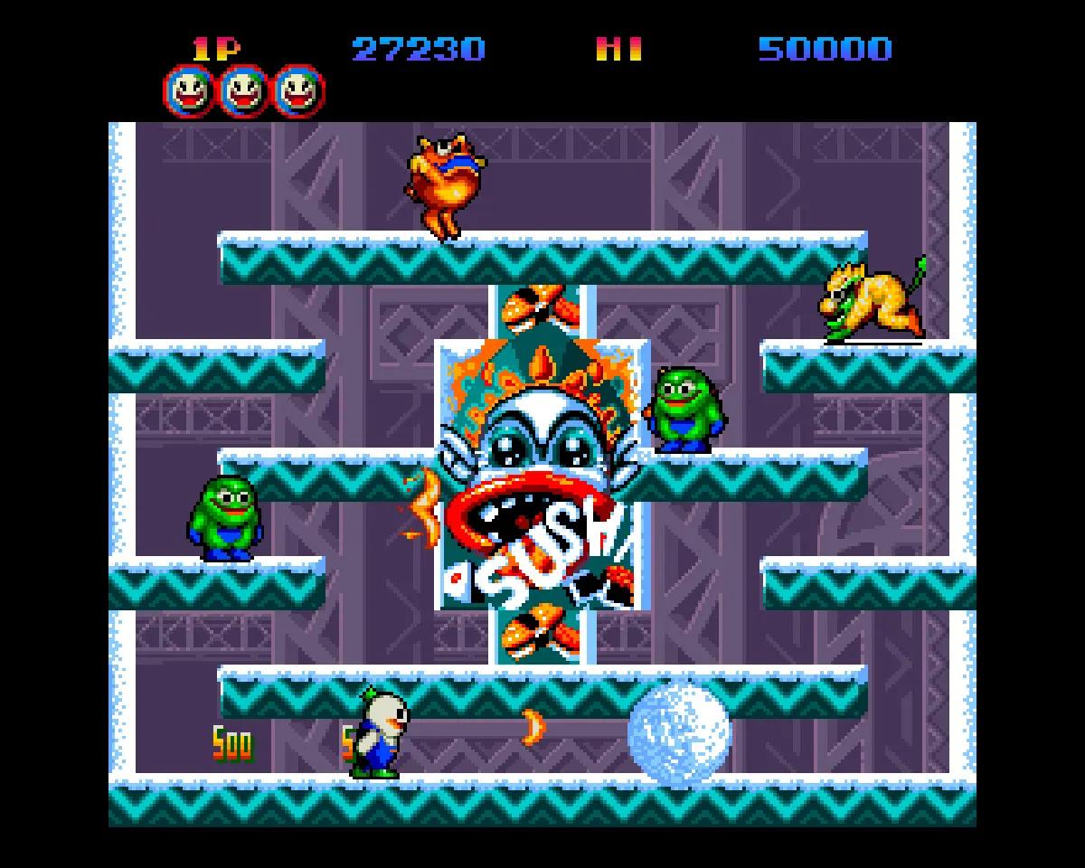Snow Bros su Amiga con i protagonisti che combattono nemici su piattaforme ghiacciate.