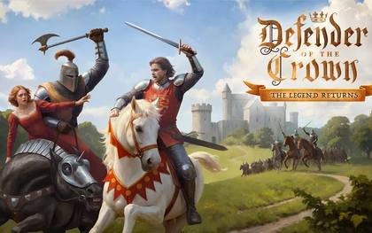 Artwork di Defender of the Crown: The Legend Returns con cavalieri a cavallo e un castello sullo sfondo