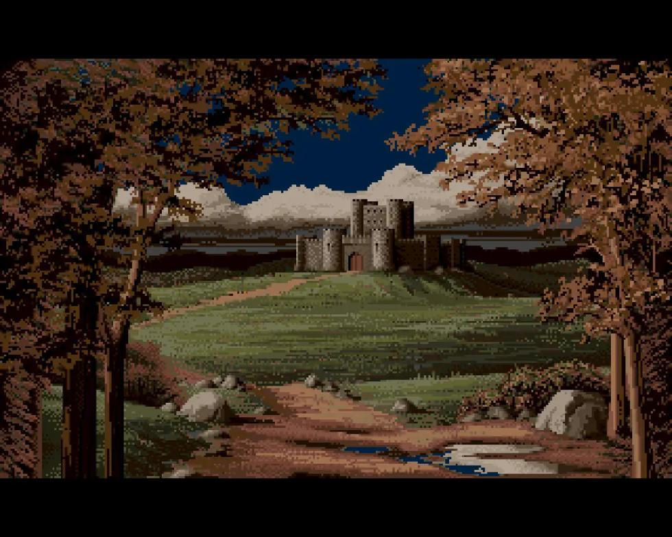 Un castello medievale nel paesaggio di Defender of the Crown su Amiga.