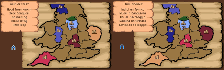 Confronto tra la schermata originale e l'adattamento italiano di Defender of the Crown realizzato da Simone Battaglioni