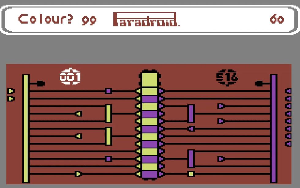 Schermata del minigioco di trasferimento di Paradroid per Commodore 64, con circuiti elettronici e segmenti colorati di