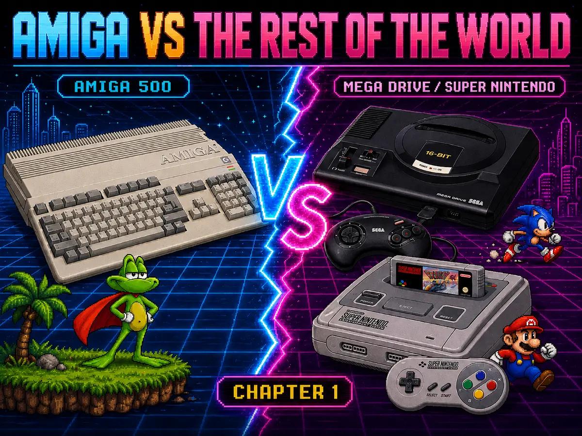 Pixel-art cover with Amiga 500, Superfrog, Mega Drive, Super Nintendo, Sonic and Mario.