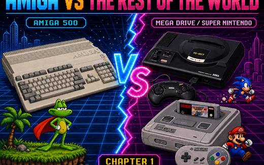 Pixel-art cover with Amiga 500, Superfrog, Mega Drive, Super Nintendo, Sonic and Mario.