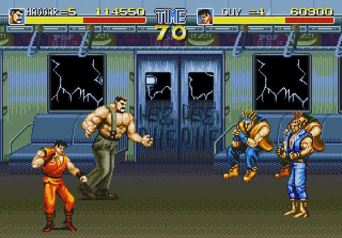 Screenshot from Final Fight CD for Sega Mega-CD with Haggar and Guy in co-op.